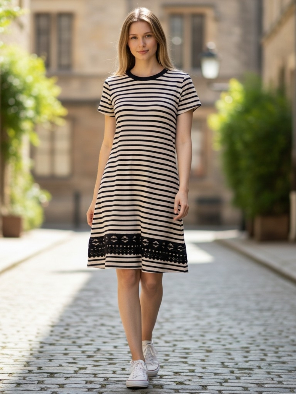 Maison Jules Size Medium Black & Cream Striped Short-Sleeve Midi Dress Lace Hem
